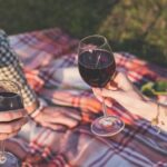 man and woman on picnic date with wine glasses toasting